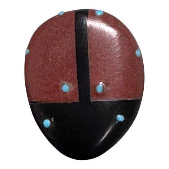 Vtg Native American Zuni Hand Carved Coral Ladybug Fetish Black Onyx Turquoise - Picture 3 of 6